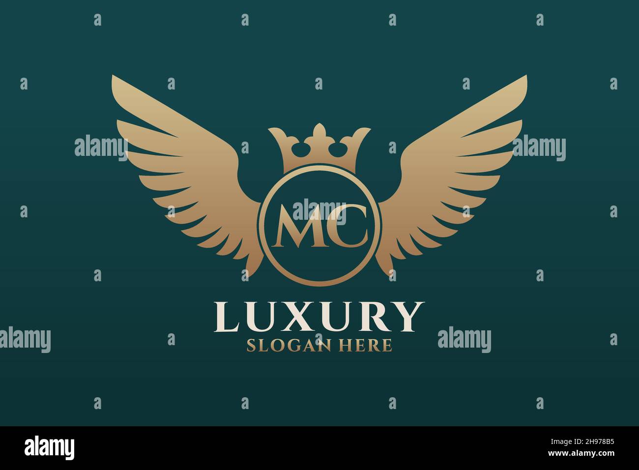 Luxury royal wing Letter MC crest Gold color Logo vector, Victory logo, crest logo, wing logo, vector logo . Stock Vector