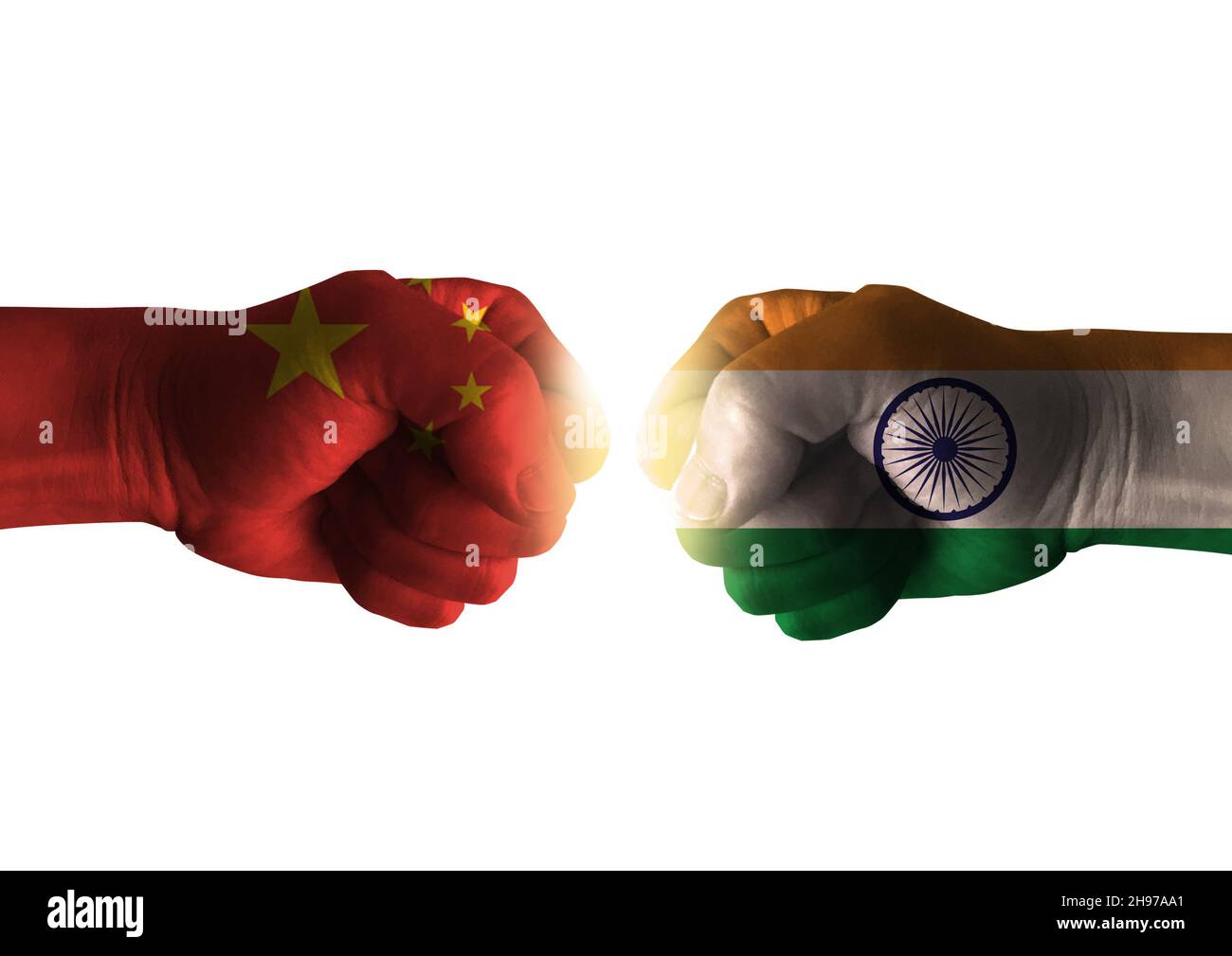 China VS india. Fists with flags. Battle of two countries on white background. Stock Photo