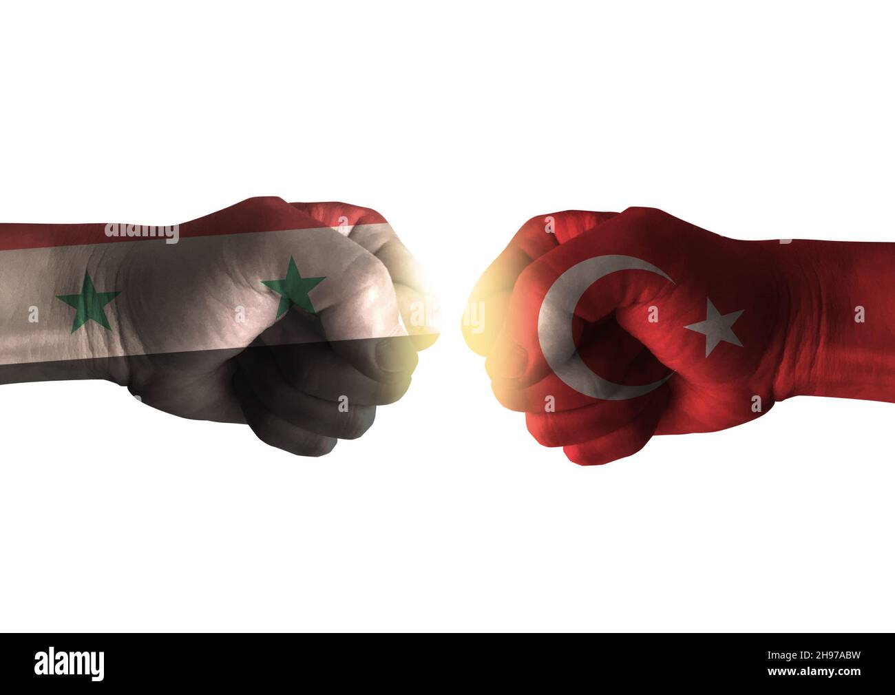 Syria vs turkey. Fists with flags. Battle of two countries on white