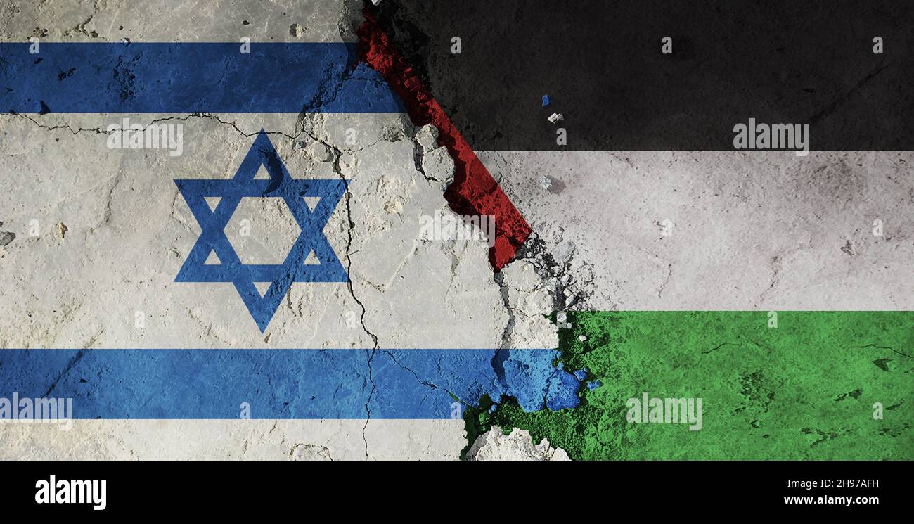 Israel vs Palestine flag on a rough background. Broken and cracked background. Stock Photo