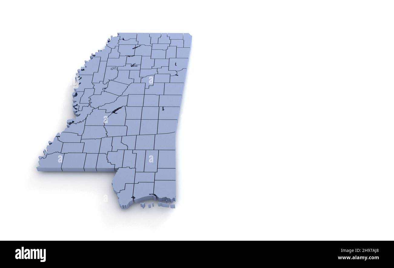 Mississippi State Map 3d. State 3D rendering set in the United States. Stock Photo