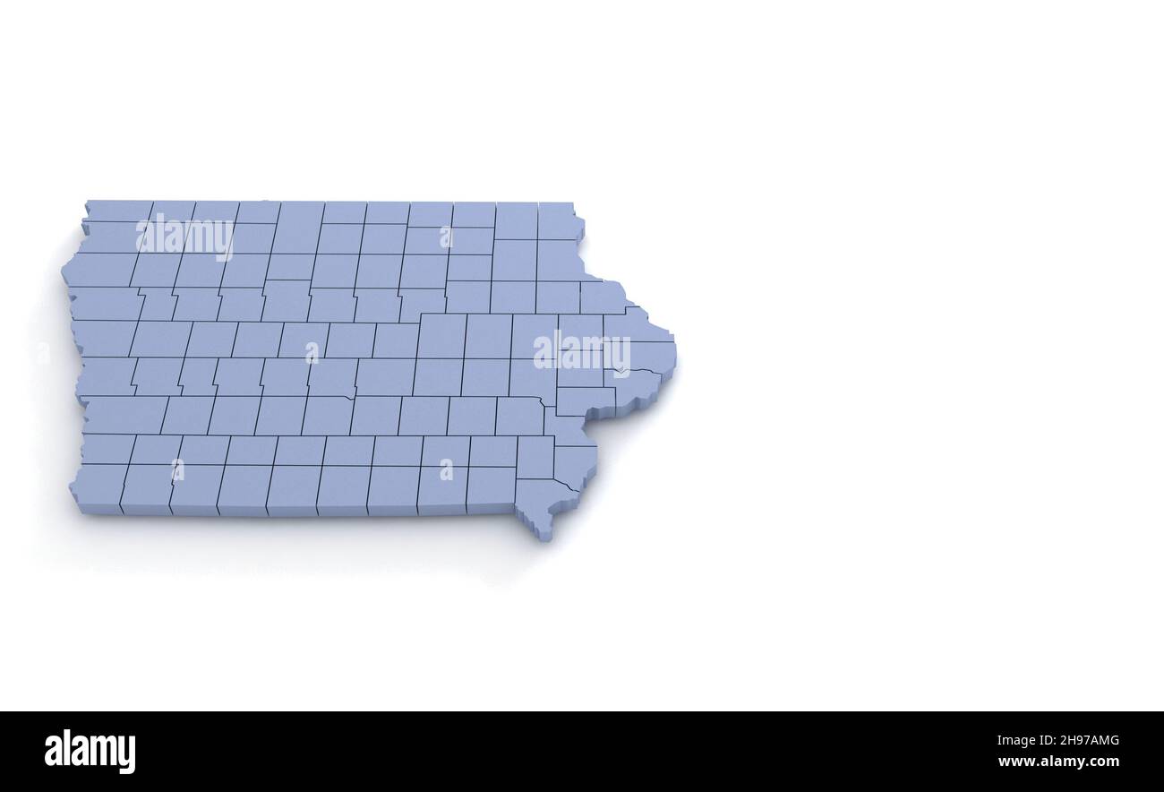 Iowa State Map 3d. State 3D rendering set in the United States. Stock Photo