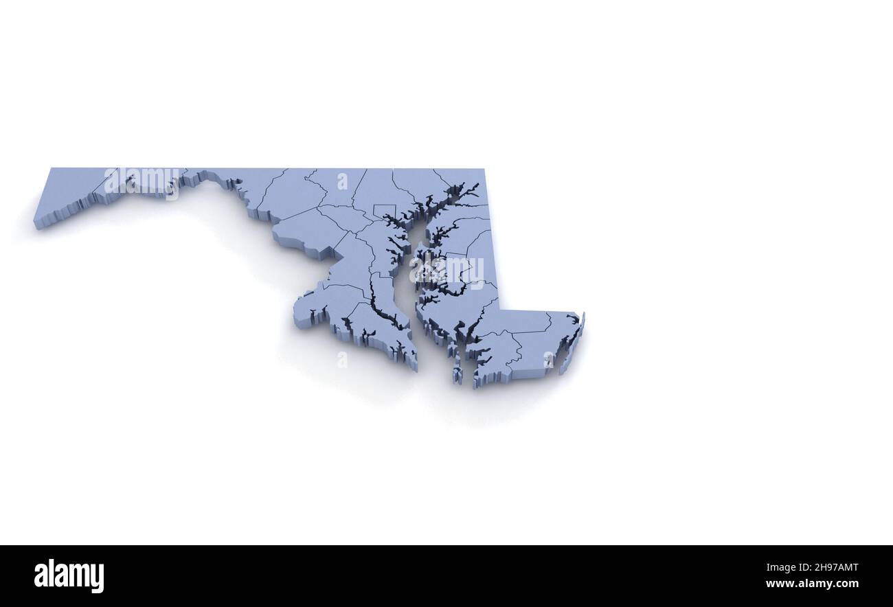 Maryland State Map 3d. State 3D rendering set in the United States. Stock Photo