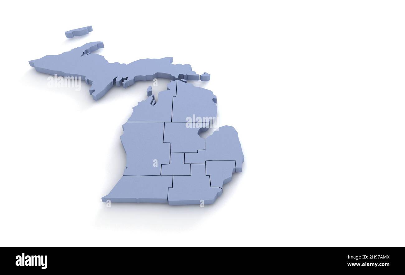 Michigan State Map 3d. State 3D rendering set in the United States. Stock Photo