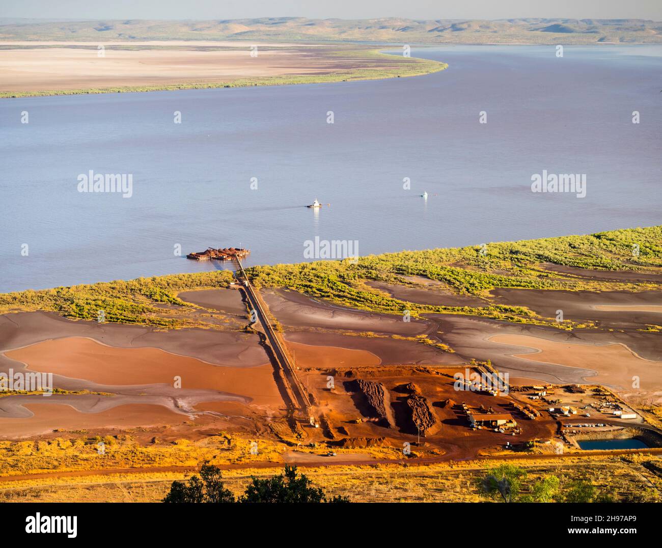Iron ore loading facility at the Port of Wyndham on Cambridge Gulf, East Kimberley, viewed from Fiver Rivers Lookout, Mount Bastion (325m) Stock Photo