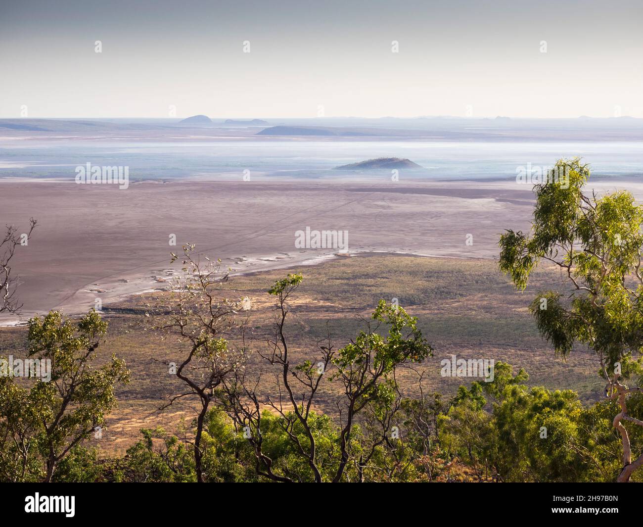 Looking north across Cambridge Gulf mudflats from  Five Rivers Lookout on Mount Bastion (325m), Wyndham, East Kimberley Stock Photo