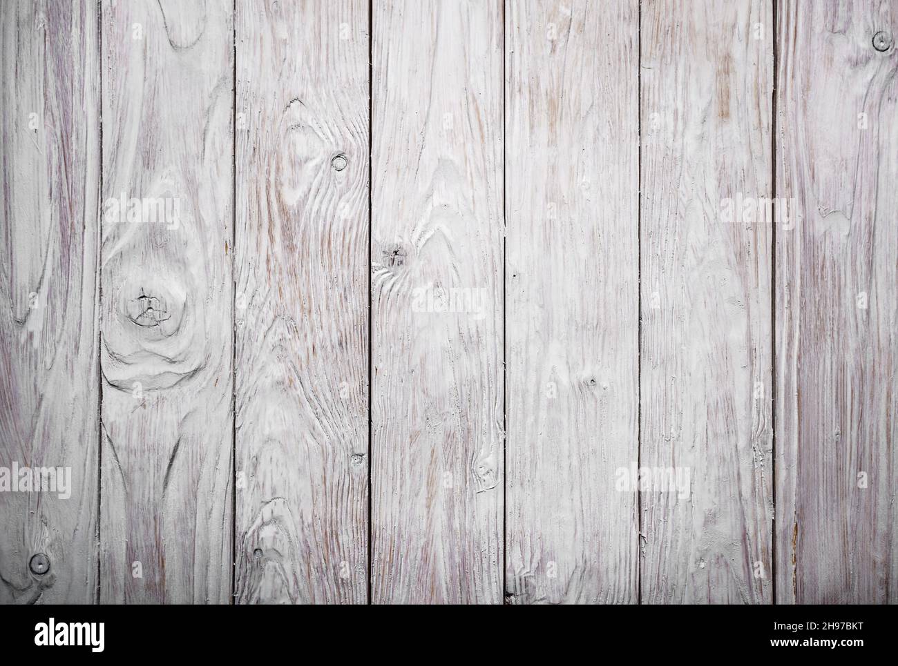 White wooden textured background of flat layed planks with weathered vintage painted surface Stock Photo