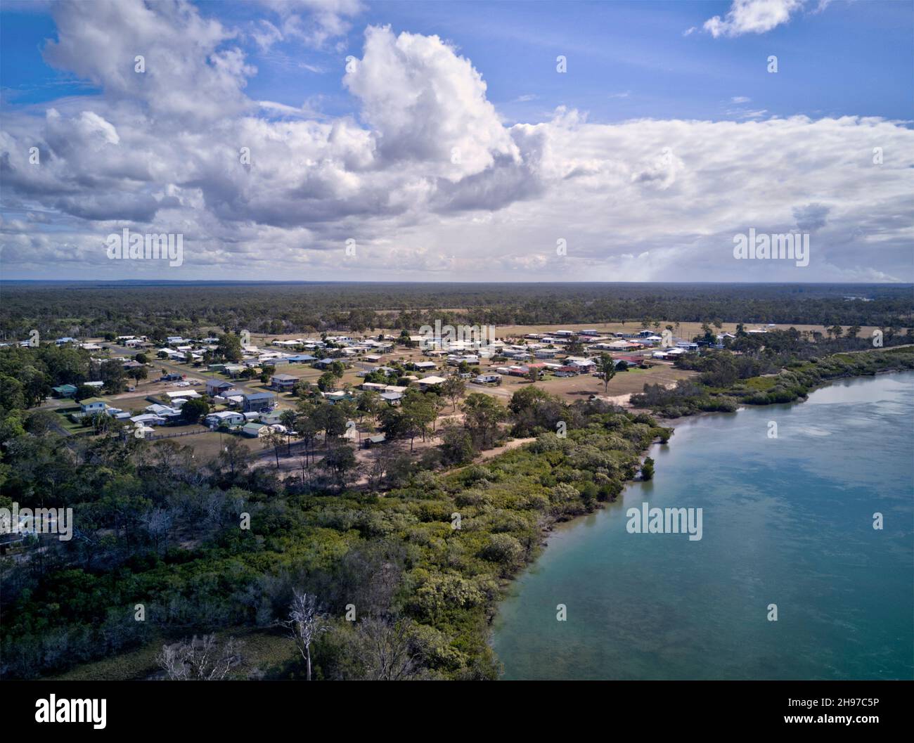Aerial of Buxton a small village on the banks of the Isis River