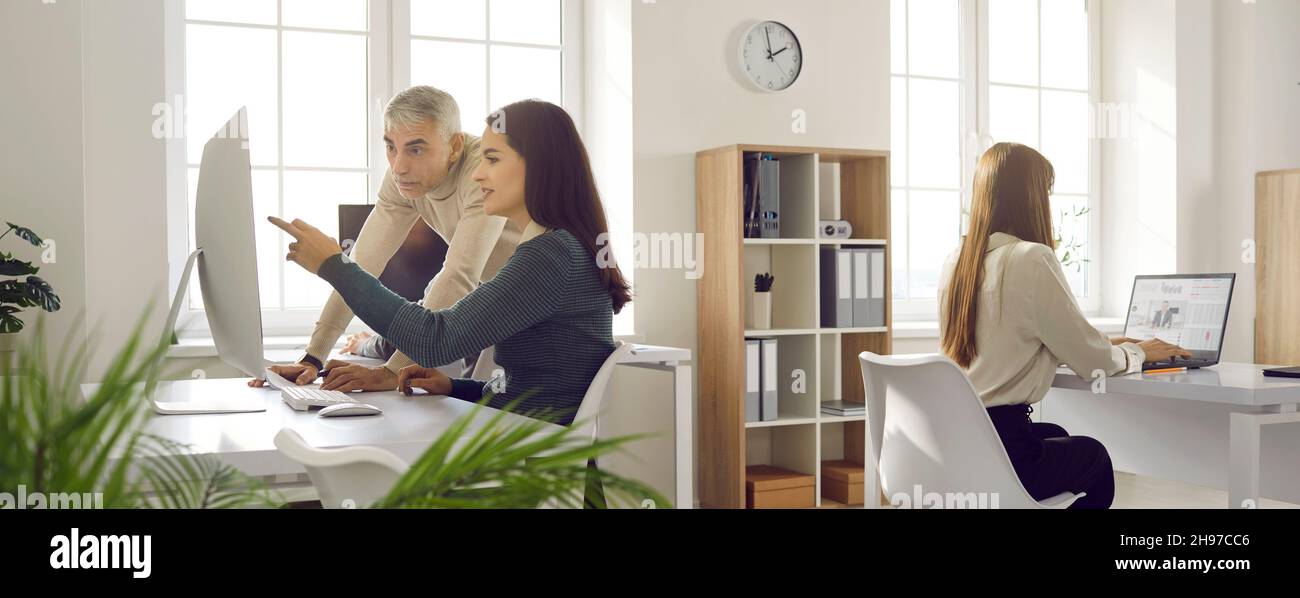 Banner with business people working on computers in cosy modern office ...