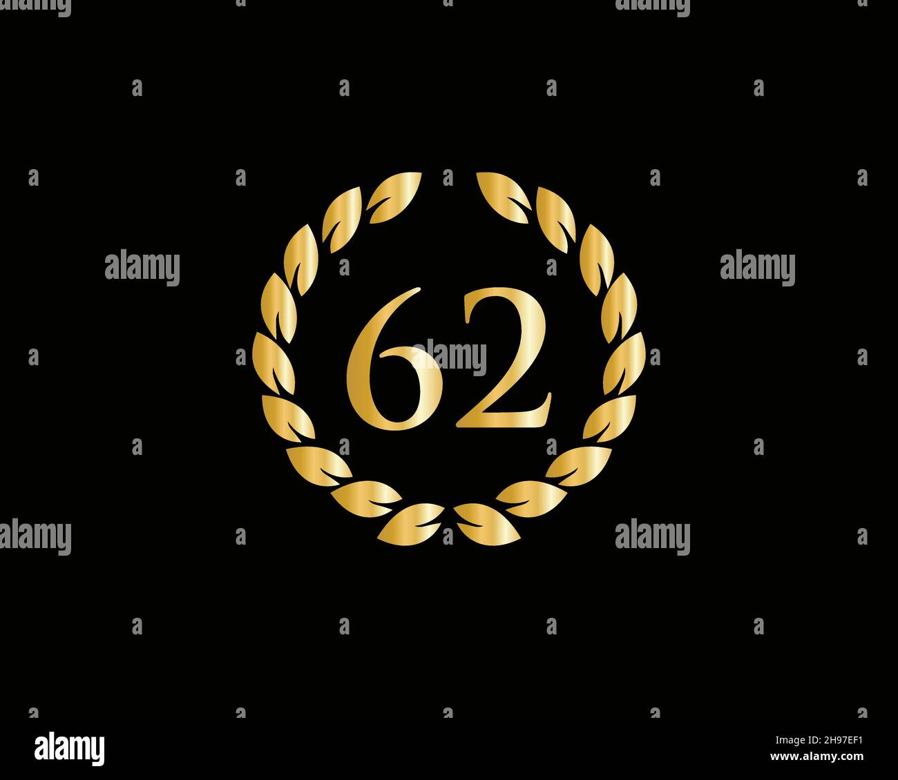 62 Anniversary Ring Logo Template. 62 Years Anniversary Logo With Golden Ring Isolated On Black Background, For Birthday, Anniversary And Company Stock Vector