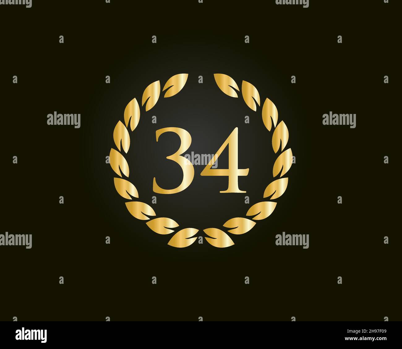 34th Anniversary Ring Logo Template. 34th Years Anniversary Logo With Golden Ring Isolated On Black Background, For Birthday, Anniversary And Company Stock Vector