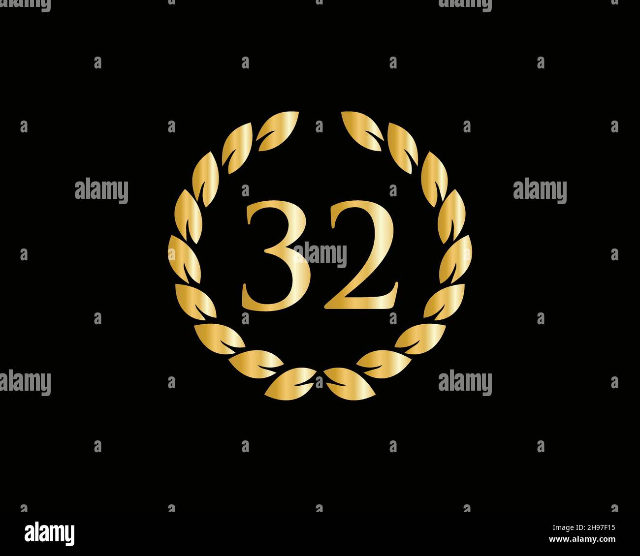 32 Years Anniversary Ring Logo Template. 32 Years Anniversary Logo With Golden Ring Isolated On Black Background, For Birthday, Anniversary Stock Vector