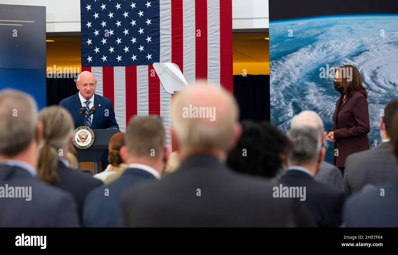 WASHINGTON DC, USA - 01 December 2021 - Sen.ator Mark Kelly (Democrat-Arizona - left) introduces US Vice President Kamala Harris is seen during the Na Stock Photo