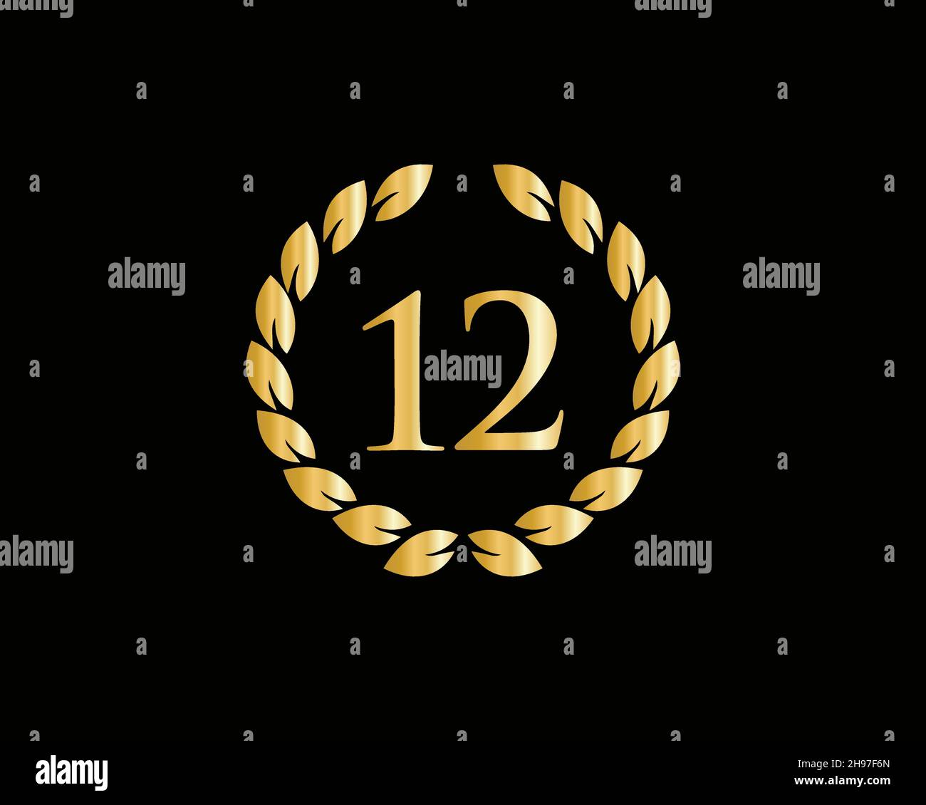 12th Anniversary Ring Logo Template. 12th Years Anniversary Logo With Golden Ring Isolated On Black Background, For Birthday, Anniversary And Company Stock Vector