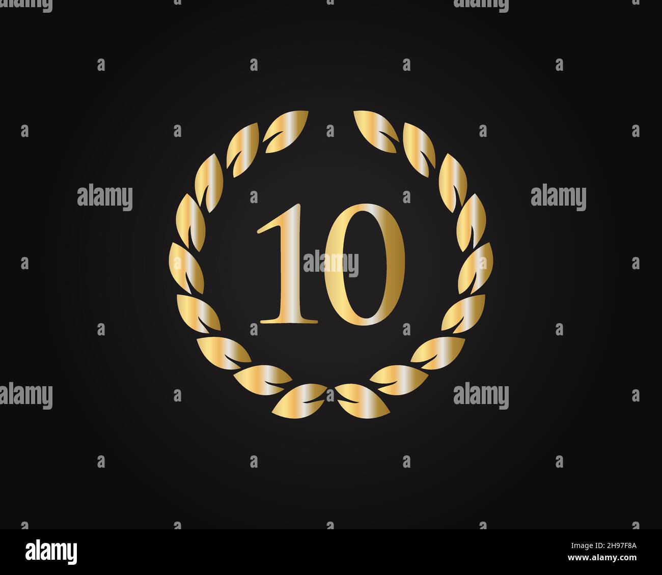 10th Anniversary Ring Logo Template. 10th Years Anniversary Logo With Golden Ring Isolated On Black Background, For Birthday, Anniversary And Company Stock Vector