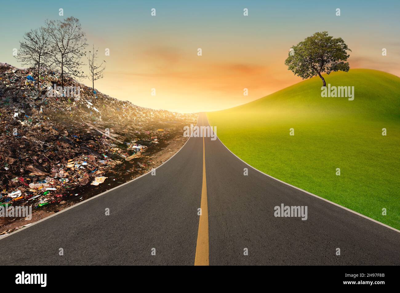 One side of the road shows the green tree on green mountains, and the other side shows dead trees on mountains of trash. Stock Photo