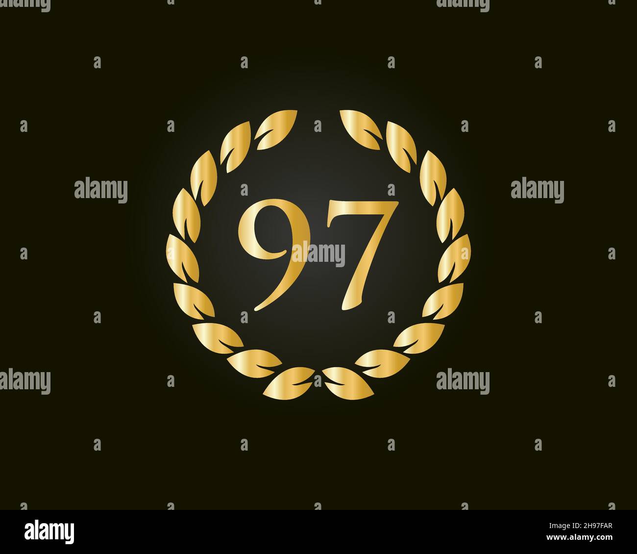 97th Anniversary Ring Logo Template. 97th Years Anniversary Logo With Golden Ring Isolated On Black Background, For Birthday, Anniversary And Company Stock Vector