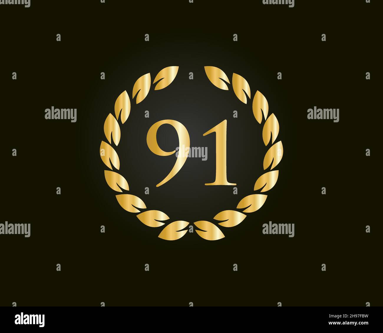 91 Years Anniversary Ring Logo Template. 91 Years Anniversary Logo With Golden Ring Isolated On Black Background, For Birthday, Anniversary Stock Vector