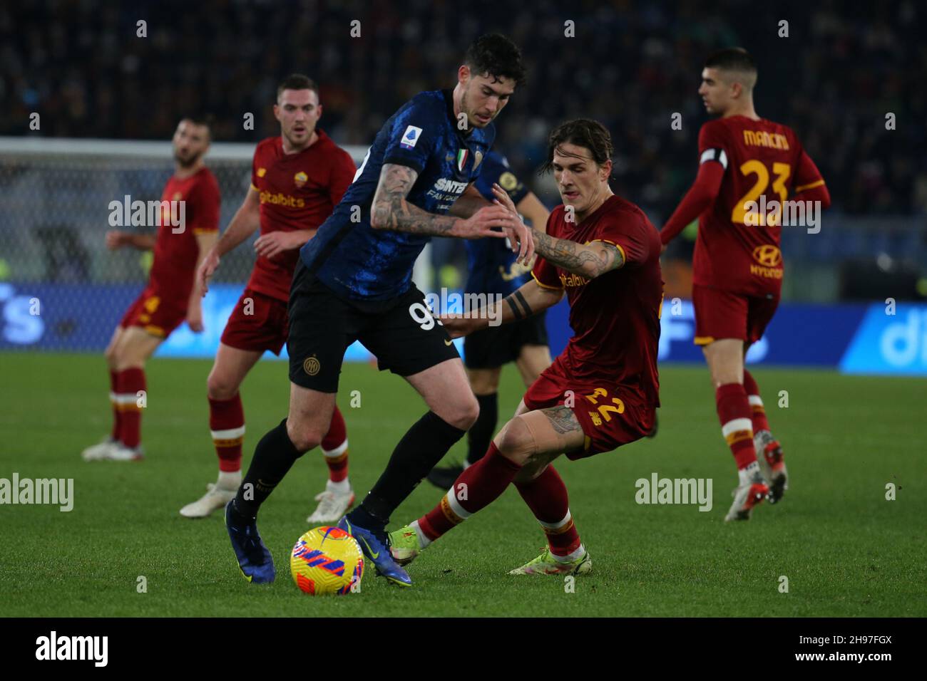 Nicolo Zaniolo of FC Internazionale competes for the ball with Vitja