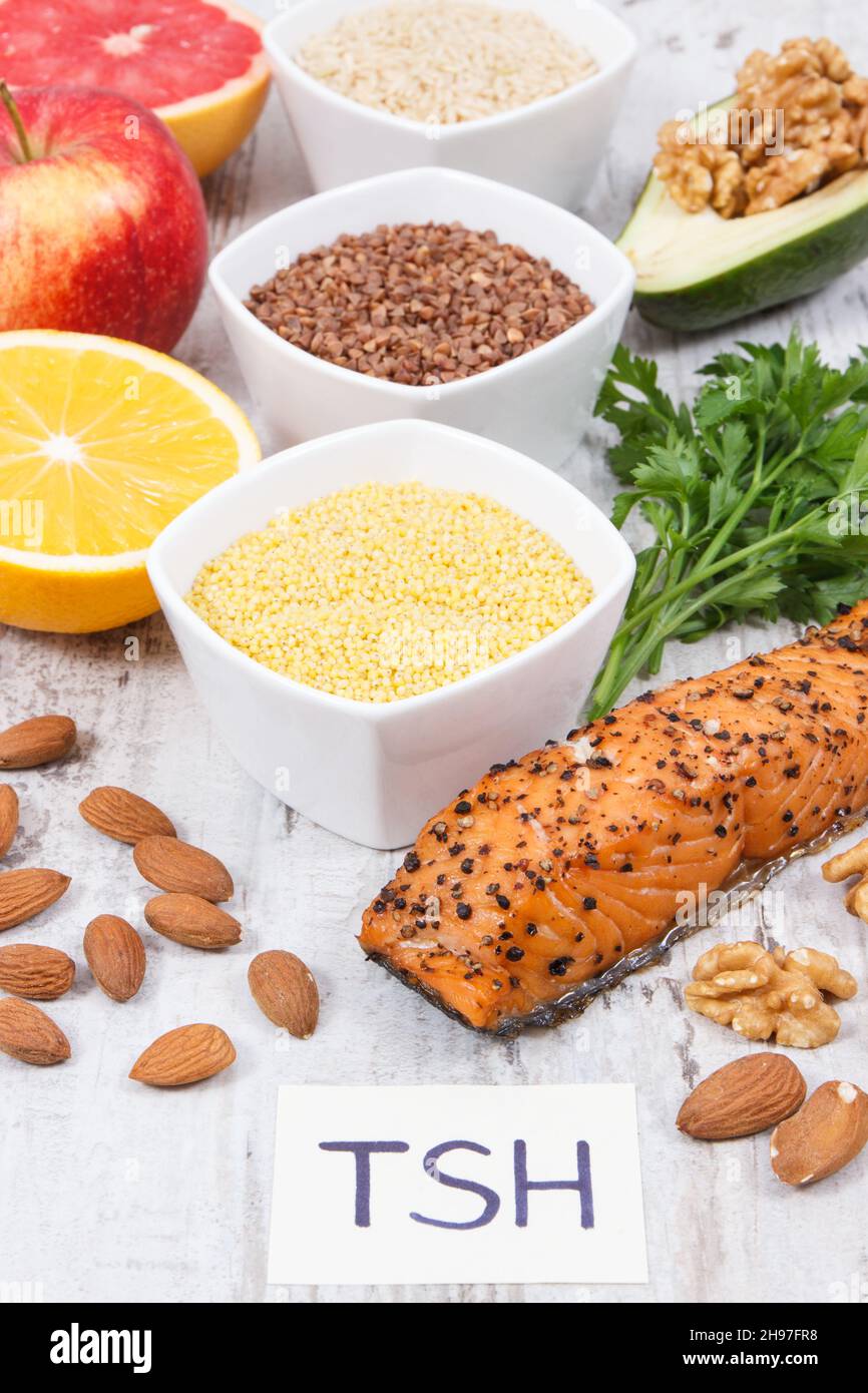 Dietary and beneficial eating for thyroid gland. Food as source natural healthy vitamins and