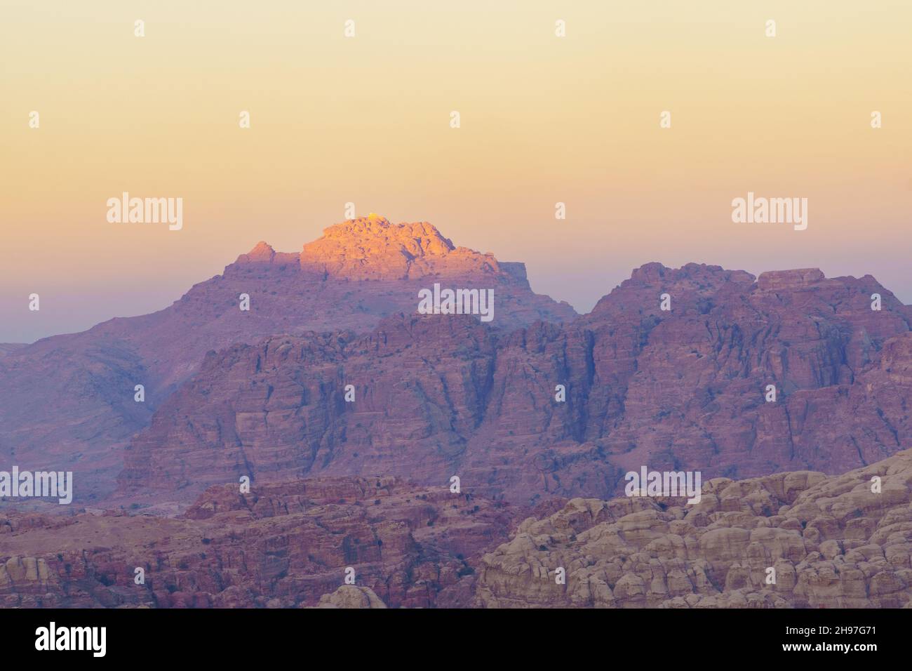 Sunrise view towards Jabal Harun (traditionally burial place of Moses brother Aaron), Near Petra, Southern Jordan Stock Photo