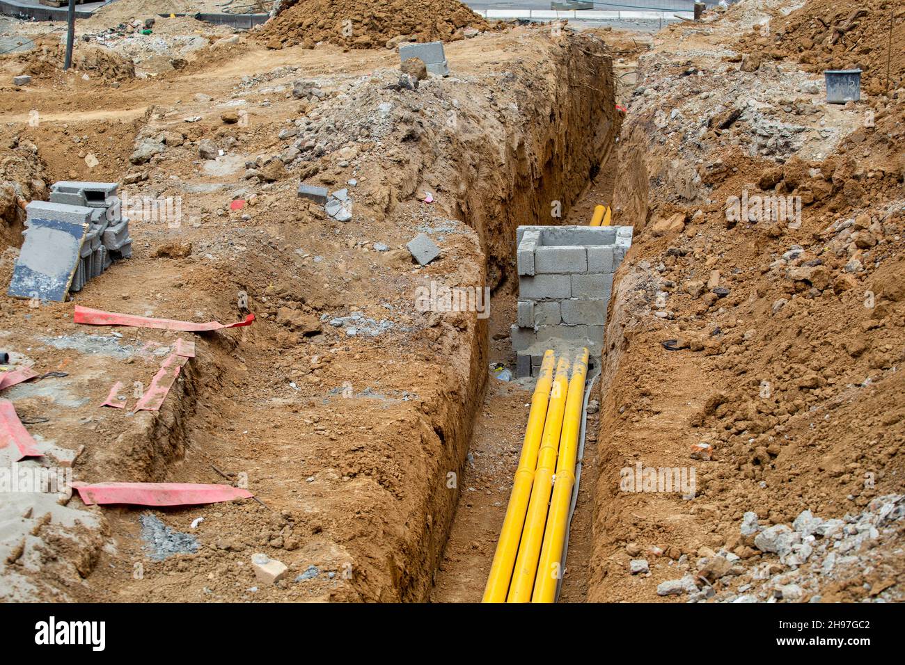 Pipes for electric and network. Laying of fiber optic
