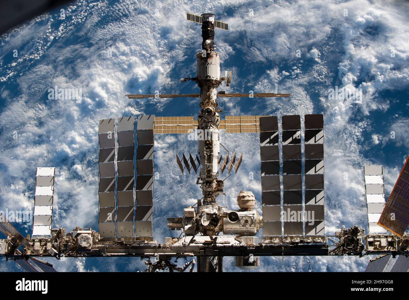 ABOARD CREW DRAGON ENDEAVOUR, EARTH - 08 November 2021 - The International Space Station is pictured from the SpaceX Crew Dragon Endeavour during a fl Stock Photo