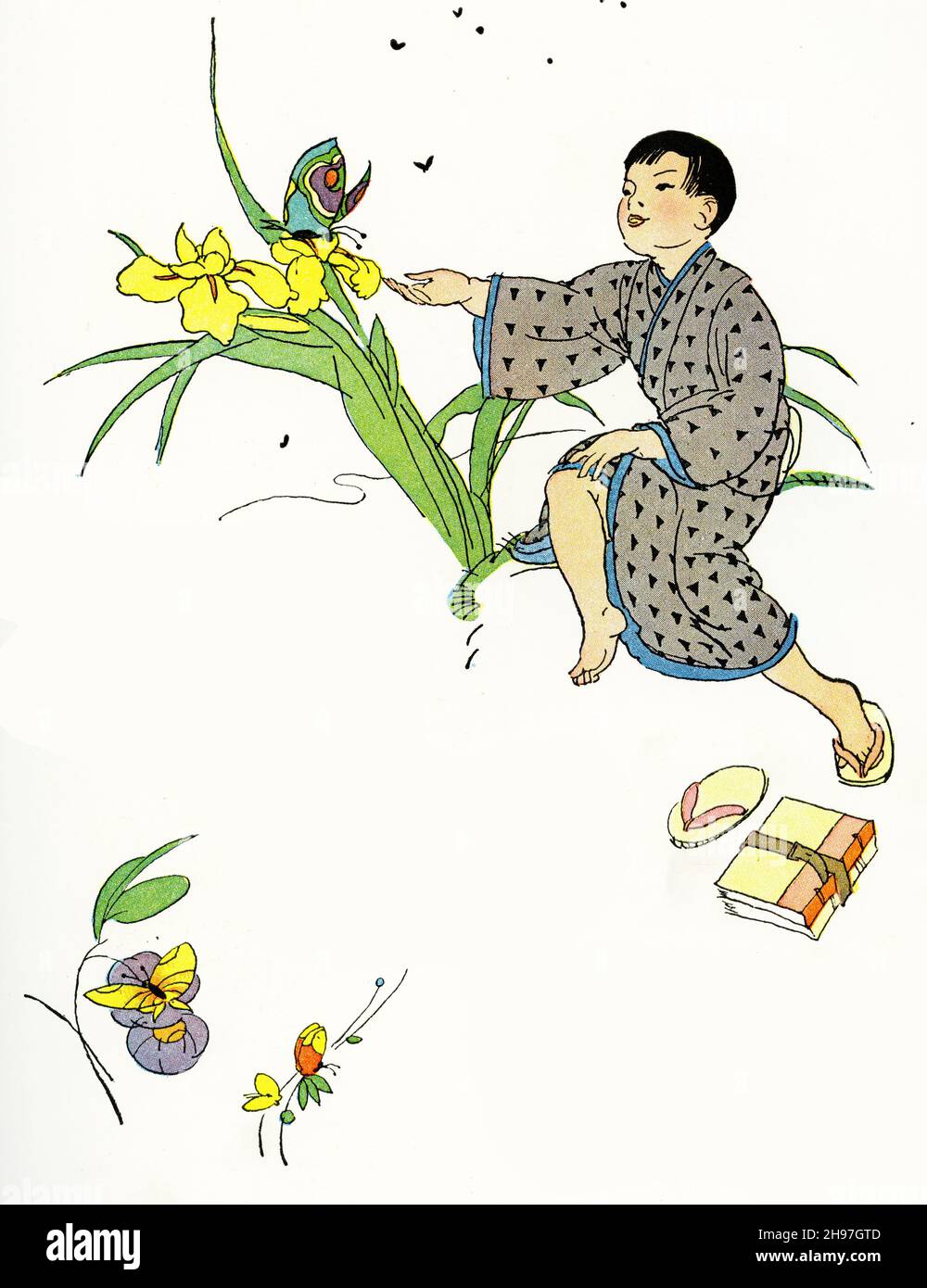 Quaint illustration of tradiitonal life in Japan, with a schoolboy chasing butterflies; published circa 1928 Stock Photo