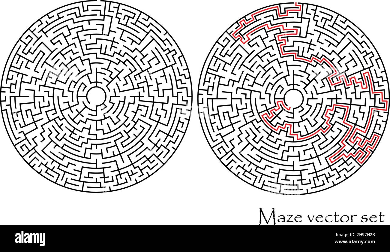 Vector maze set with a solution, labyrinth isolated over white background Stock Vector