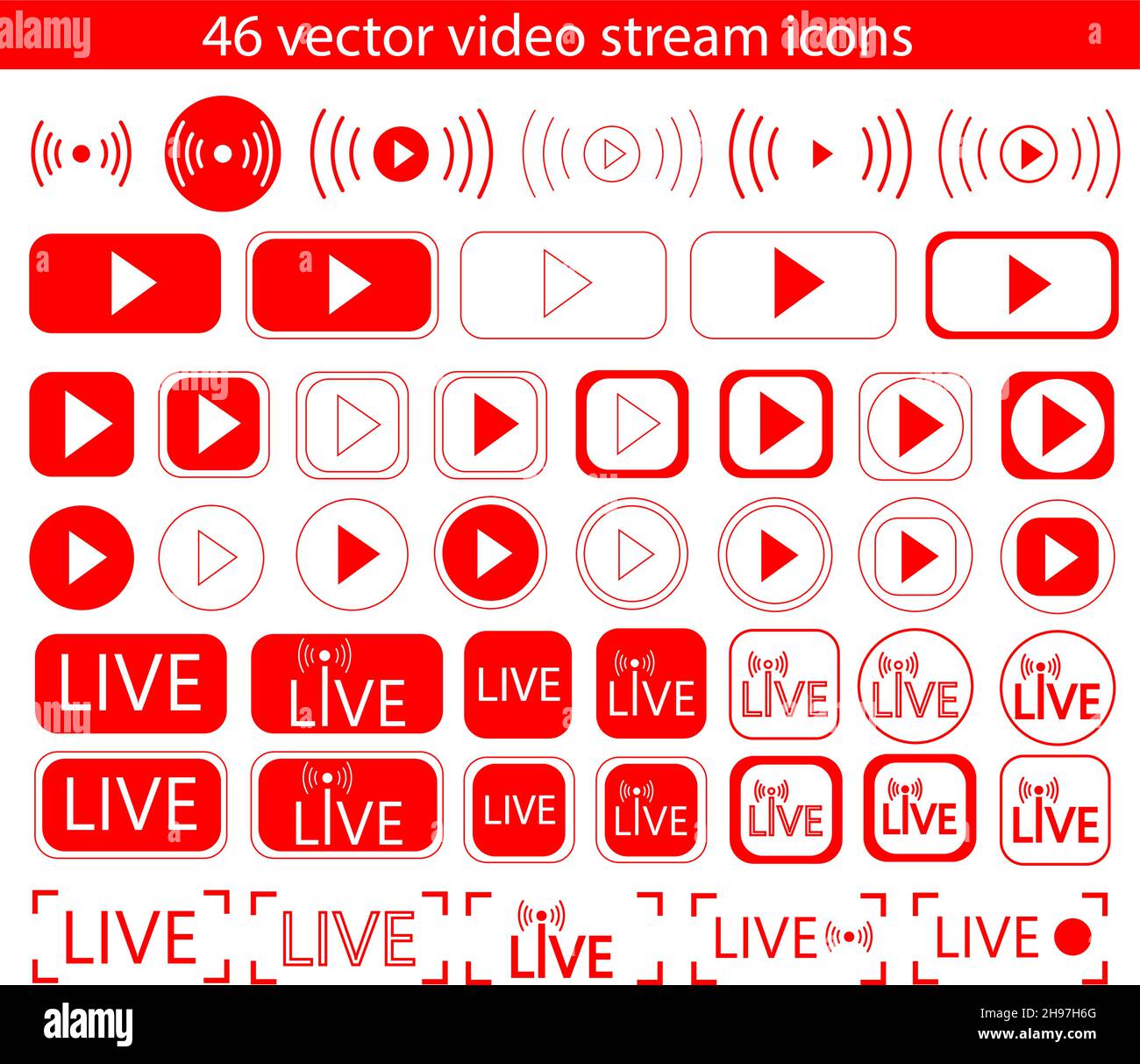 Live video streaming icons collection. Red vector symbols of live streaming illustration. Broadcasting, online video stream vector elements for TV blo Stock Vector