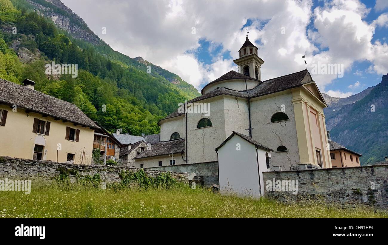 Typical Ticino stone church in Sonogno, Verzasca Valley, Switzerland. Stock Photo