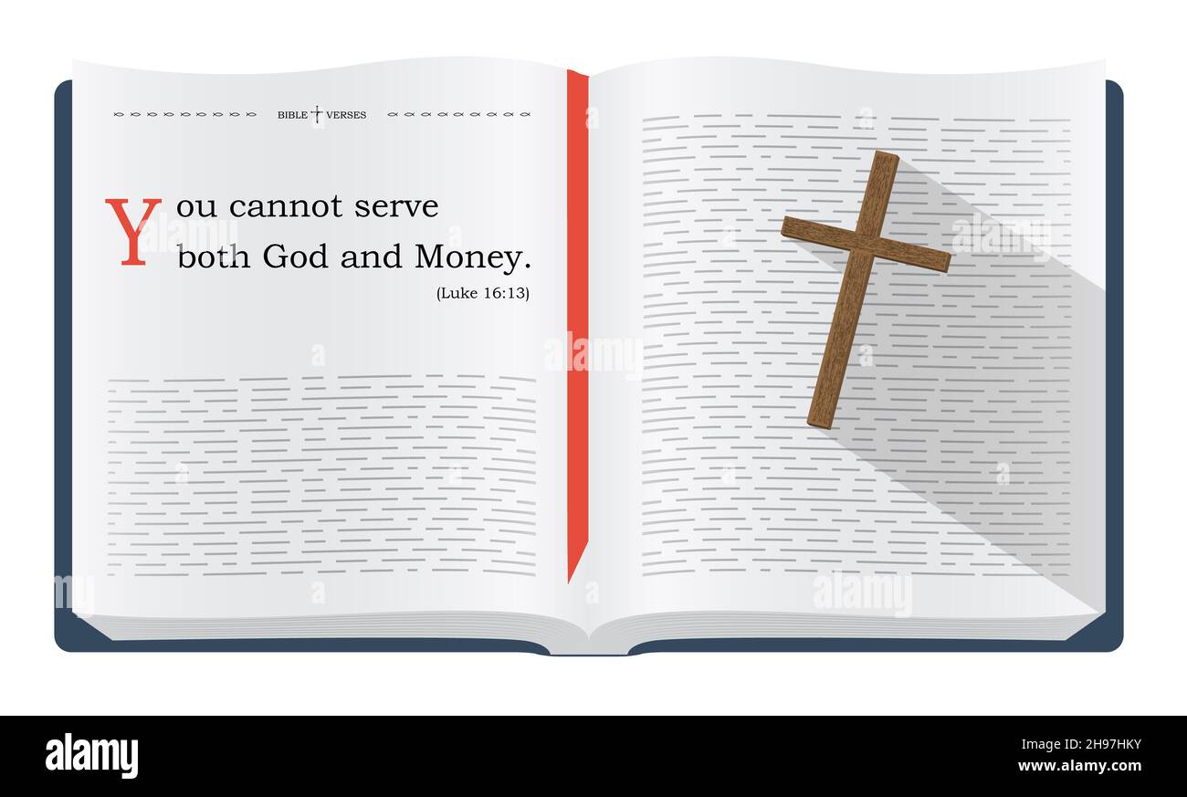 Best Bible verses about serving God and money - Luke 16:13. Holy scripture inspirational sayings for Bible studies and Christian websites, illustratio Stock Photo
