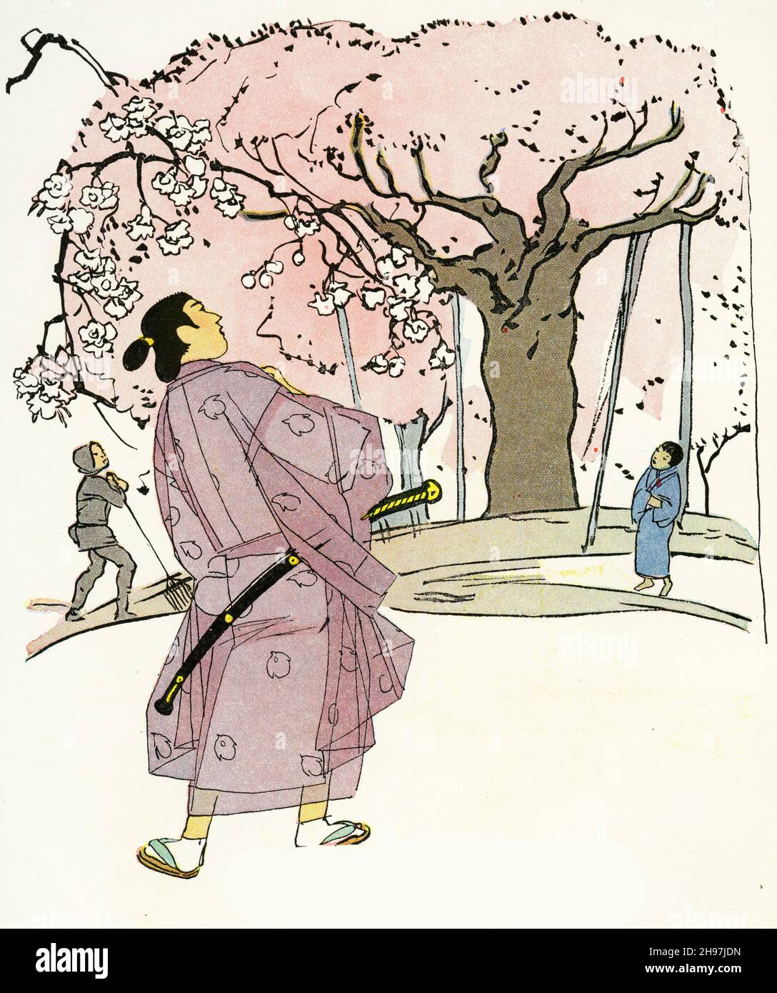Quaint illustration of tradiitonal life in Japan, with a samurai warrior admiring the cherry blossoms in spring; published circa 1928 Stock Photo