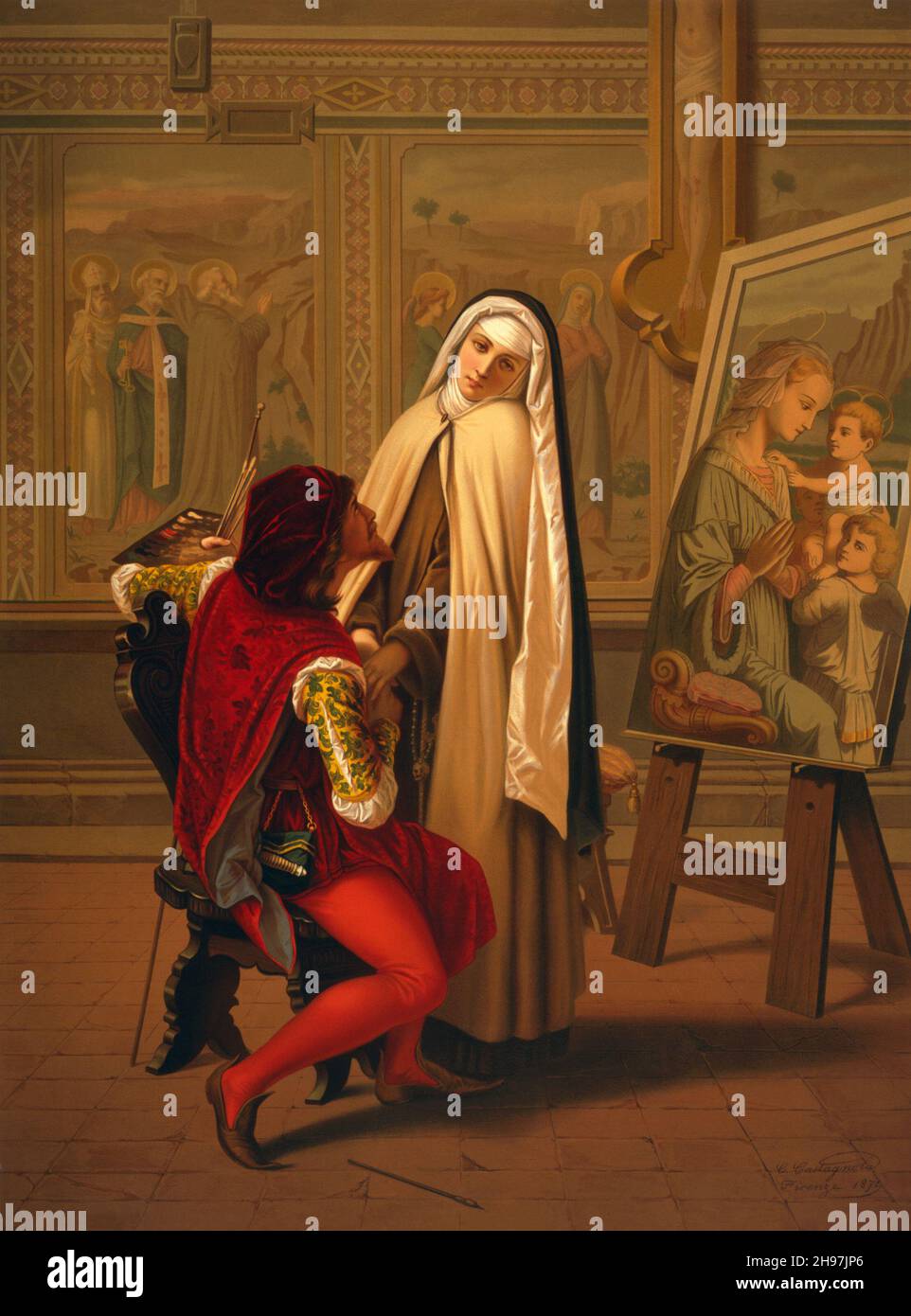 'Love or Duty' chromolithograph of a painter and a nun; published in Paris by Hangard-Mangué. His painting of a family is symbolic of what he offers her should she break her vows. Stock Photo