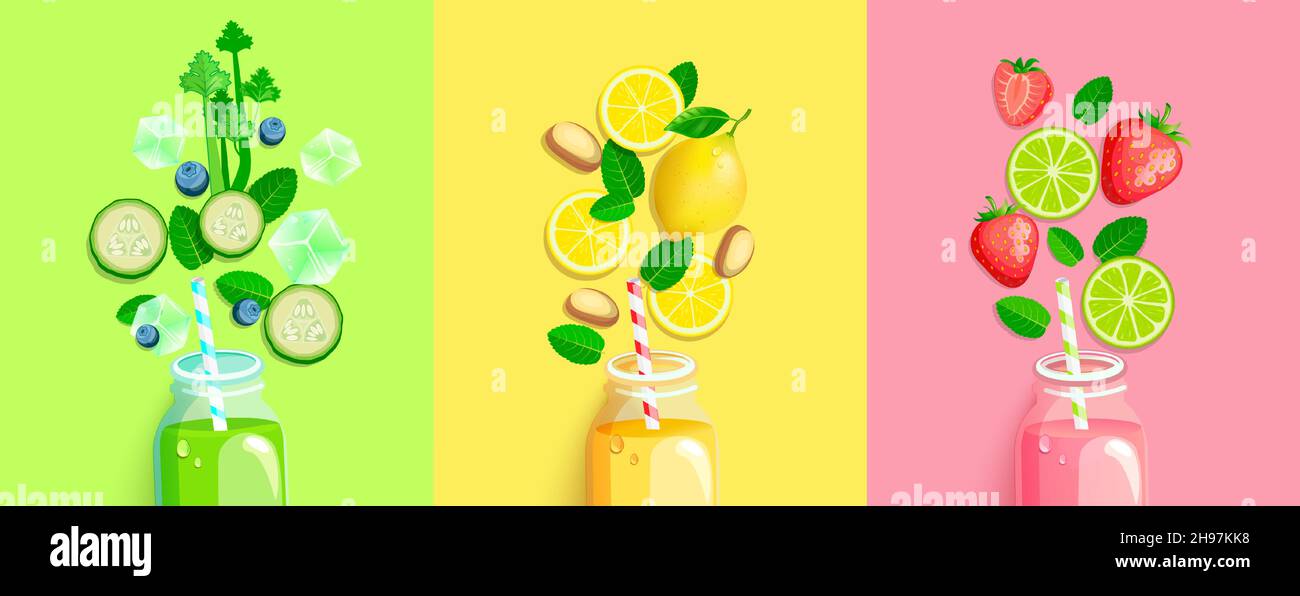 Drinks with fresh fruits,vegetables,berries. Stock Vector