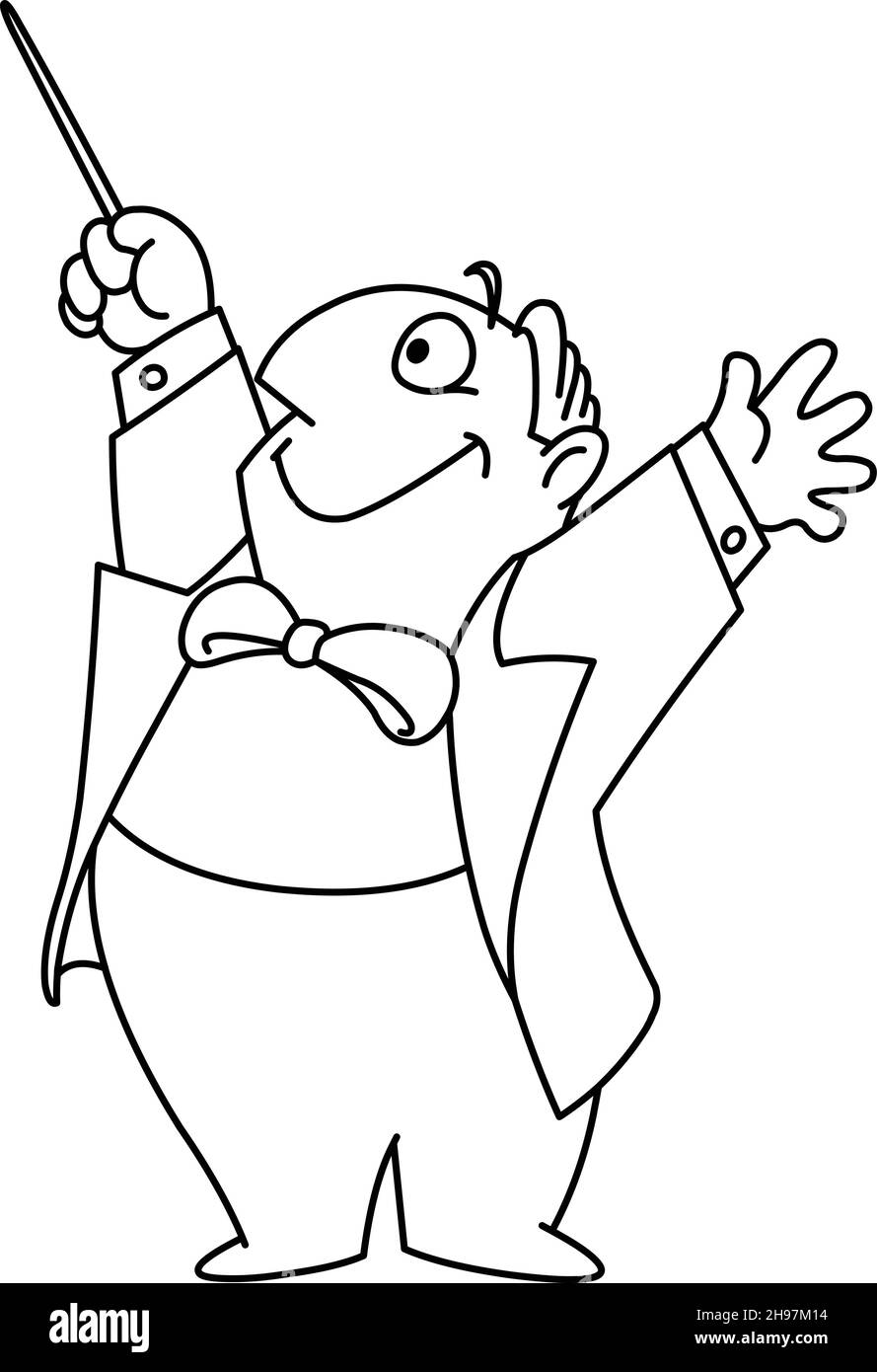Happy chubby music conductor composer man holding his arms and baton up. Vector line art illustration coloring page. Stock Vector