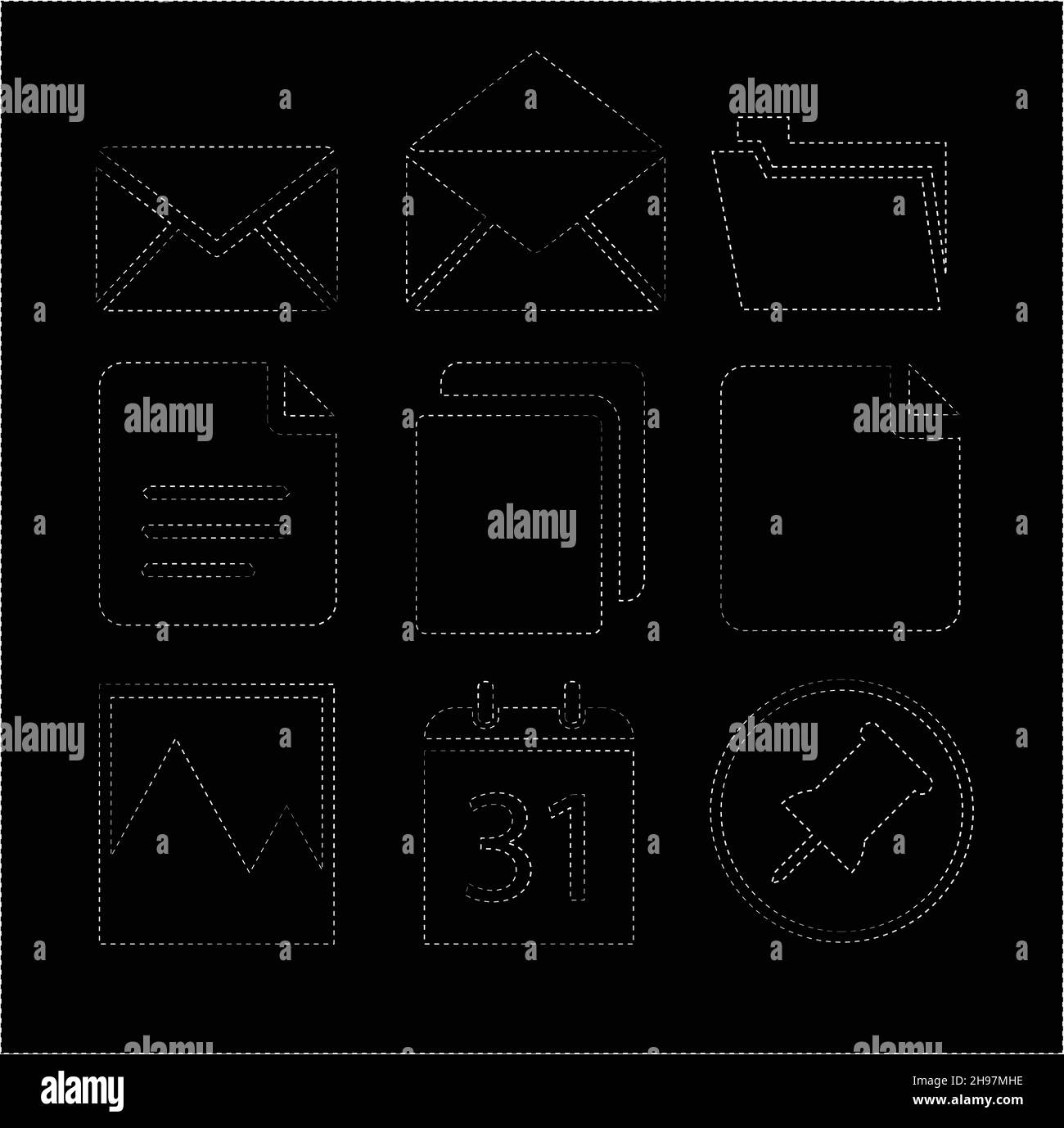 Dashed line vector icons set isolated over black background. Icons vector illustration, vector icons collection, dashed outline. Office icons Stock Vector