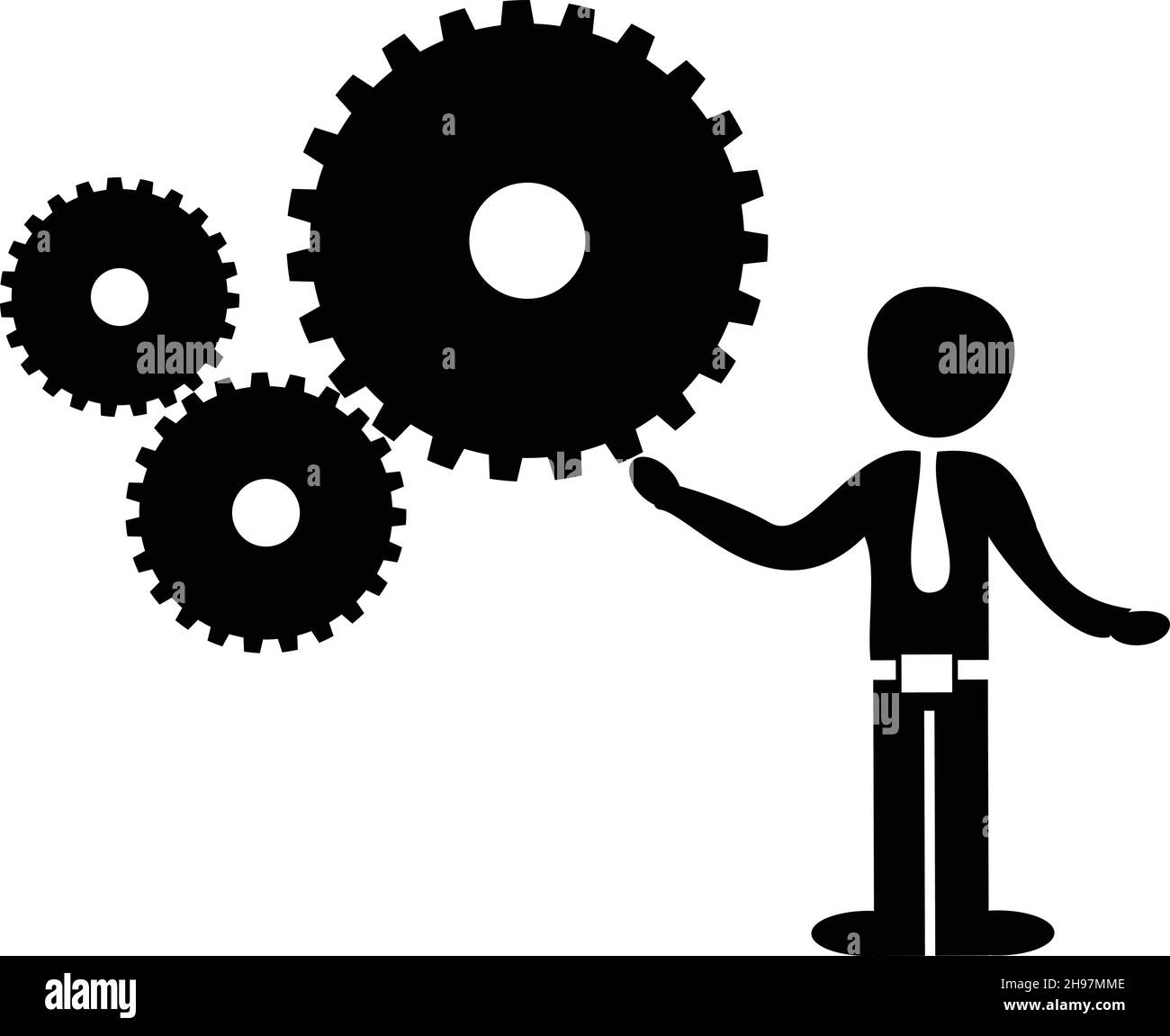 Man rotating industrial gears vector illustration. Black silhouettes isolated over white background Stock Vector