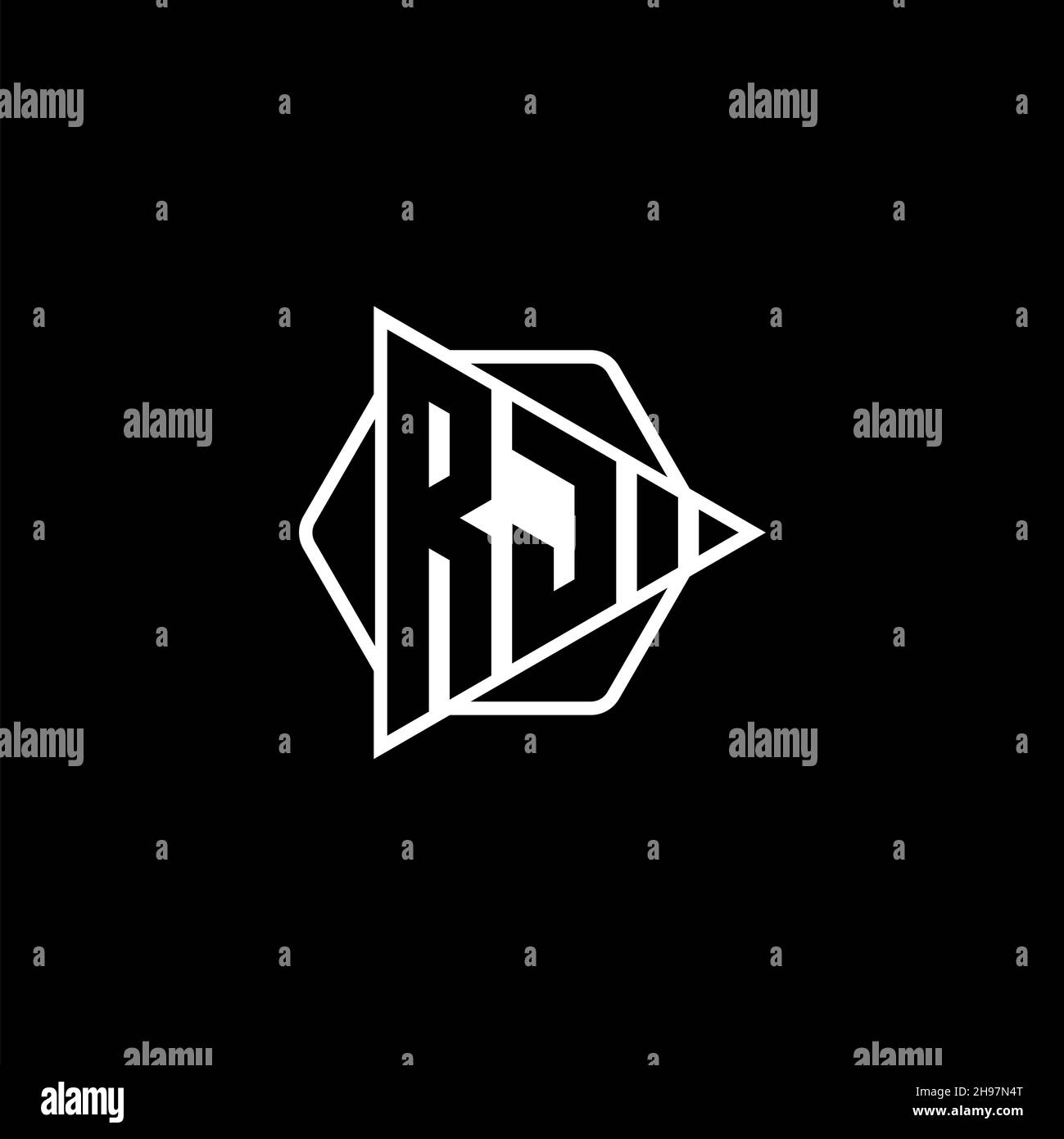 RJ Monogram logo letter with triangle play button shape hexagonal rounded. Triangle circle monogram logo, triangle shield logo letter. Stock Vector