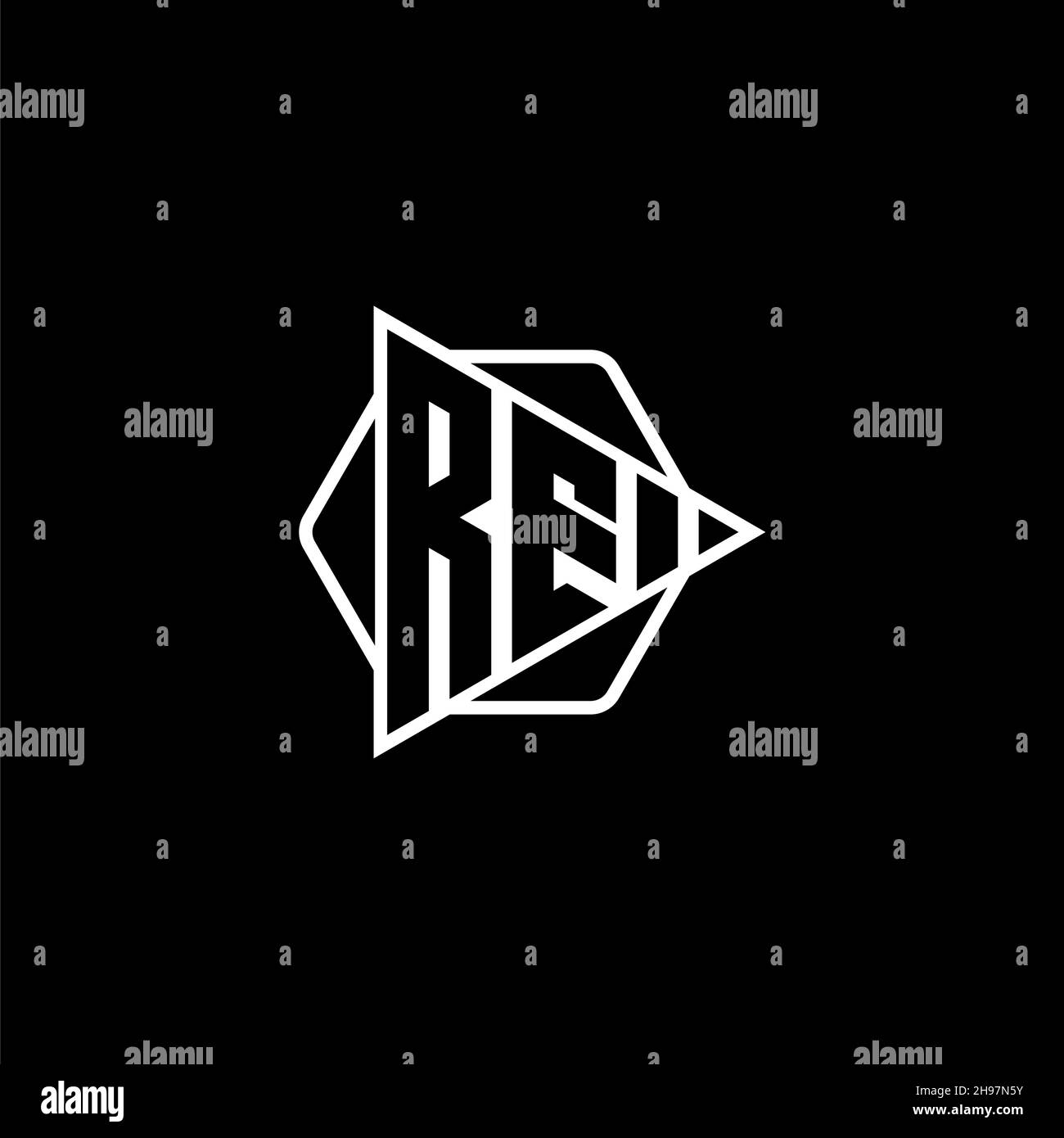 RE Monogram logo letter with triangle play button shape hexagonal rounded. Triangle circle monogram logo, triangle shield logo letter. Stock Vector