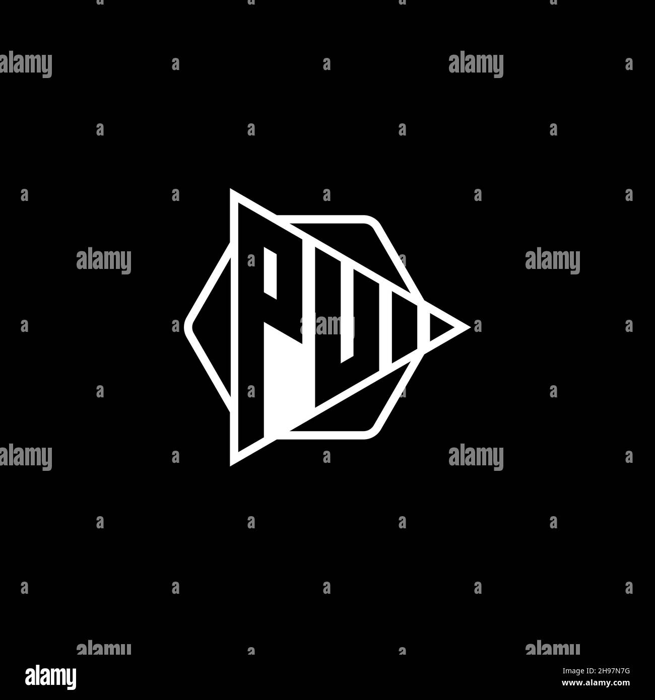 PU Monogram logo letter with triangle play button shape hexagonal rounded. Triangle circle monogram logo, triangle shield logo letter. Stock Vector