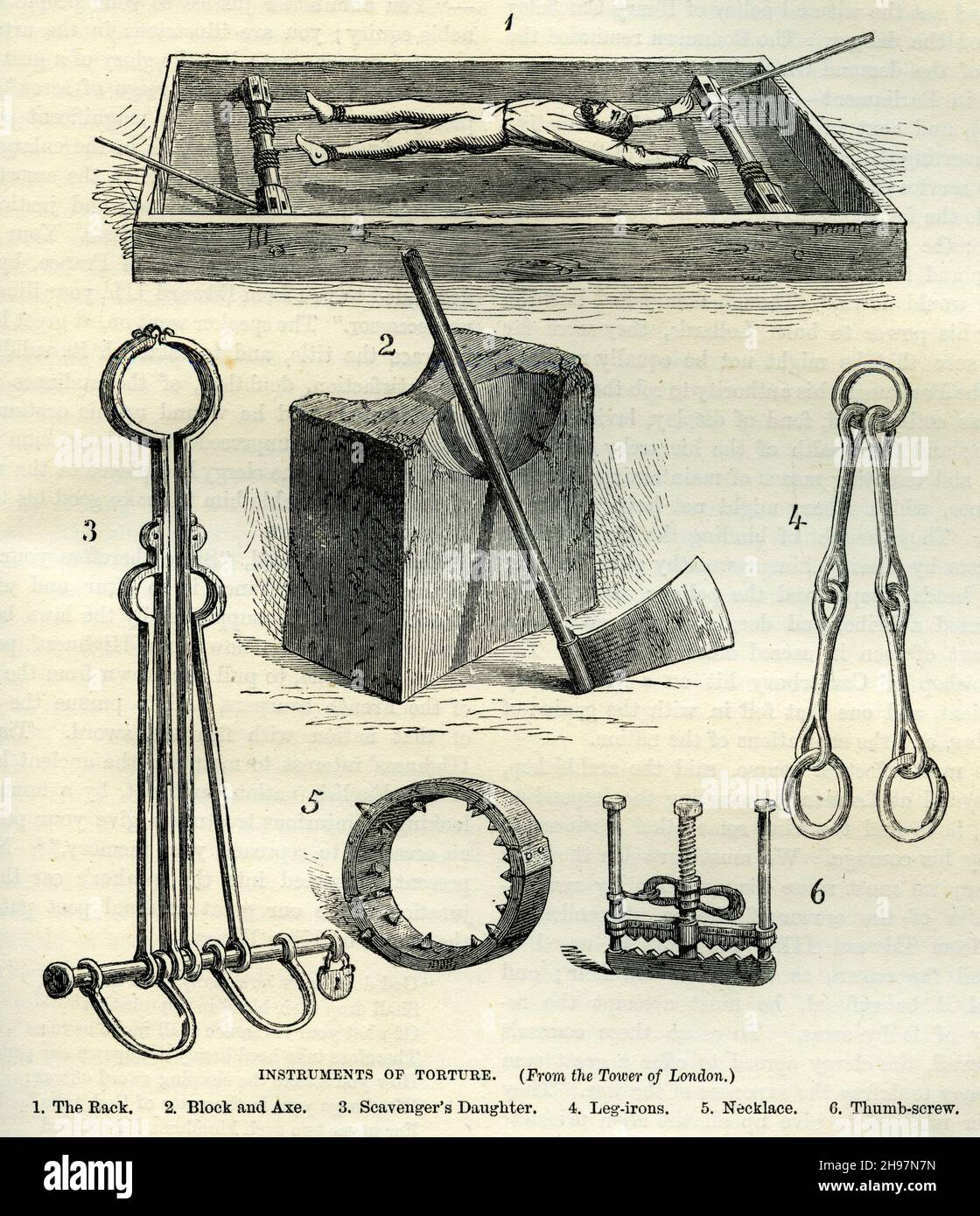Engraving of various Instruments of torture used during the Reformation by Catholics and Protestants alike Stock Photo