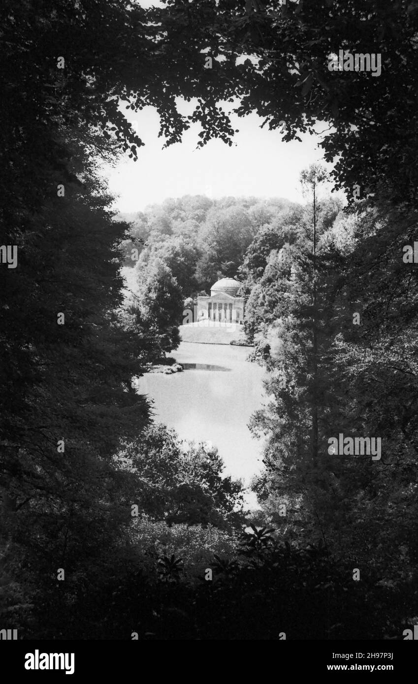 The Pantheon in Stourhead Gardens, Stourton, Wiltshire, UK, from the Shades. Black and white archive film photograph from 1990 Stock Photo
