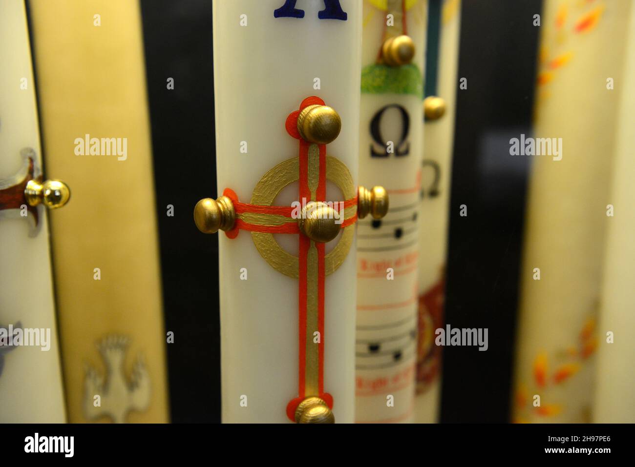 Easter Paschal candles on display in Canterbury Cathedral, Kent, UK Stock Photo