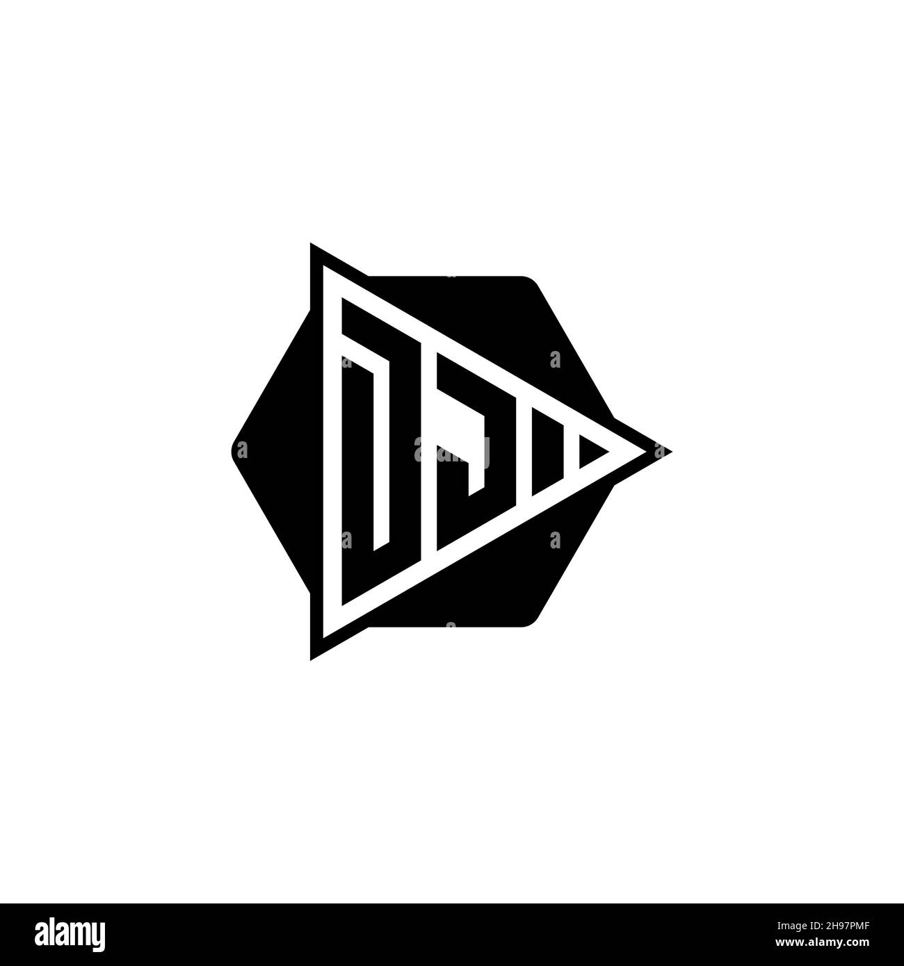 DJ Monogram logo letter with triangle play button shape hexagonal rounded. Triangle circle monogram logo, triangle shield logo letter. Stock Vector