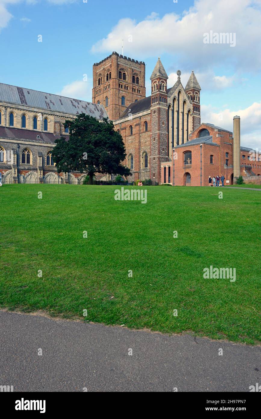 View of St Albans cathedral from the cathedral lawn on a sunny August day. St Albans, UK. Stock Photo