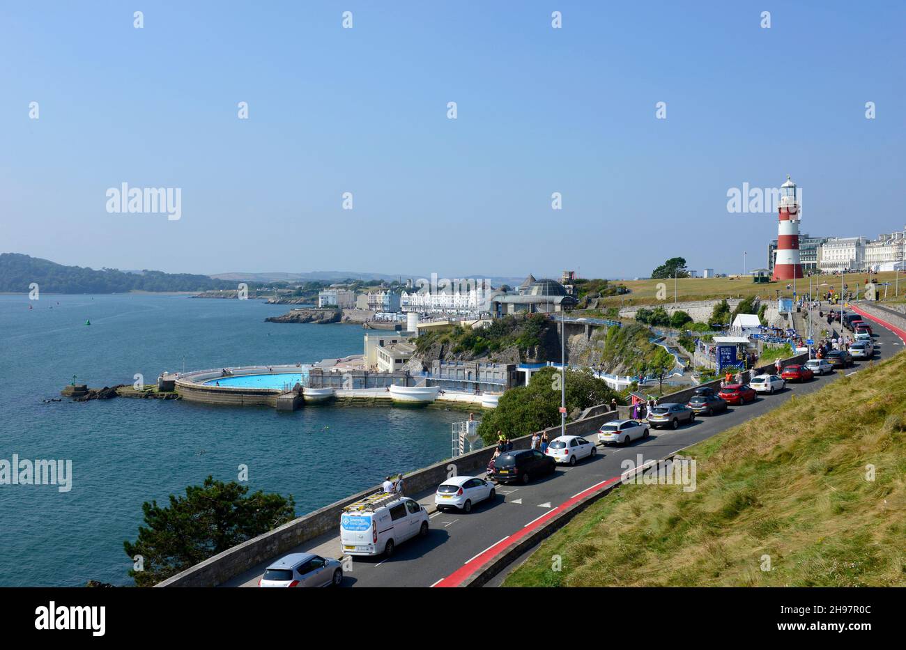 View of the seafront at Plymouth, Devon, UK, with Smeaton's tower prominent. Stock Photo