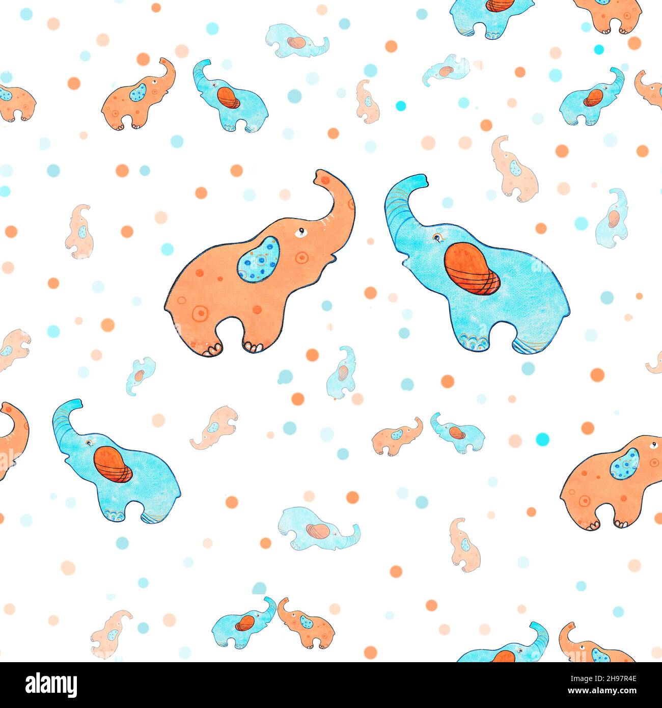seamless pattern childrens watercolor elephants blue and orange Stock ...