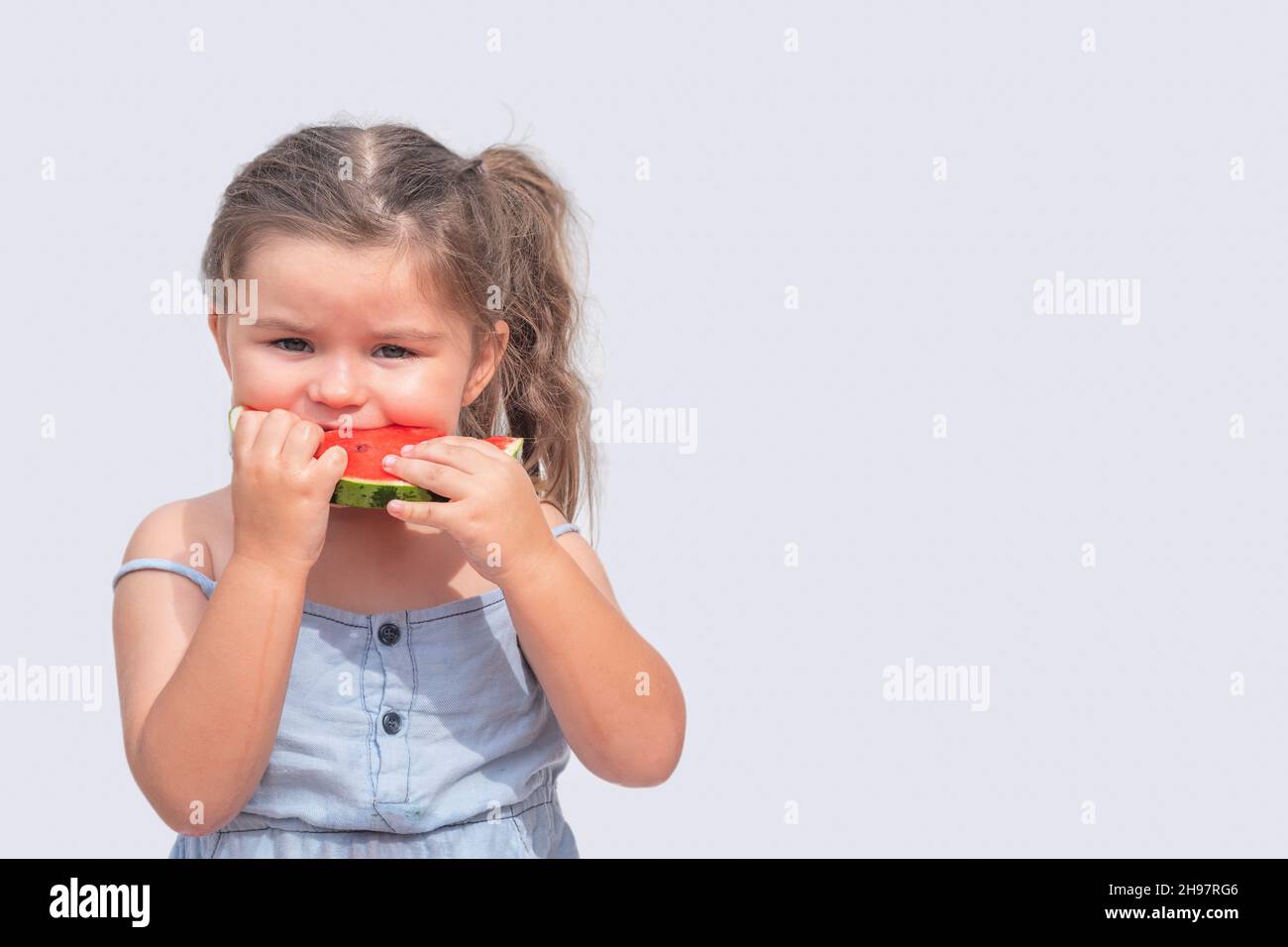 Cute child girl three years old eats a red watermelon on the white background Stock Photo