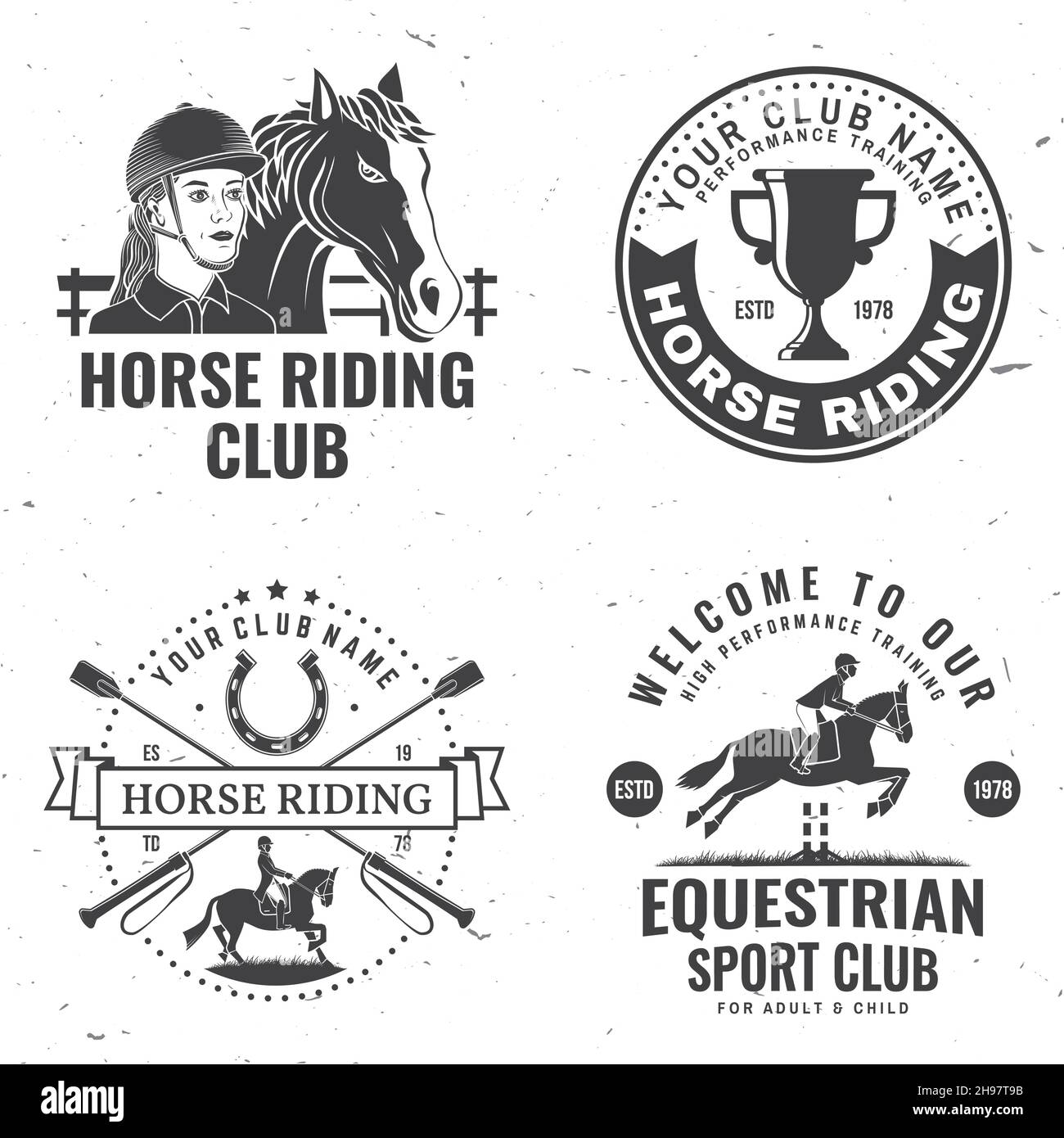 Set of Horse riding sport club badges, patches, emblem, logo. Vector illustration. Vintage monochrome equestrian label with rider and horse Stock Vector